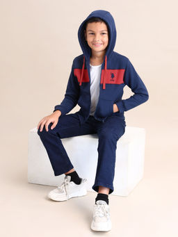 U.S. POLO ASSN. - Printed Navy Blue Full Sleeves Hooded Sweatshirt