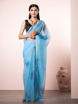 EXCLUSIVA - Blue Floral Organza Digital Print Saree Zari Border with Unstitched Blouse