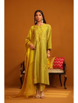 Omana by Ranjana Bothra - Green Nafeesa Applique Kurta with Pant and Dupatta (Set of 3)