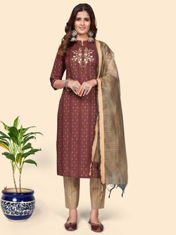 Vbuyz - Women Print & Embroidered Straight Blend Maroon Kurta Pant with Dupatta (Set of 3)