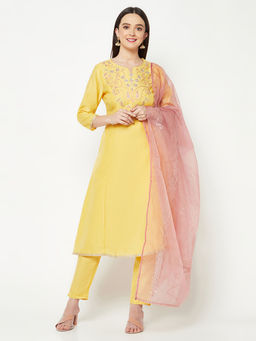 Imara - Yellow Embroidered Straight Kurta with Pant & Dupatta (Set of 3)