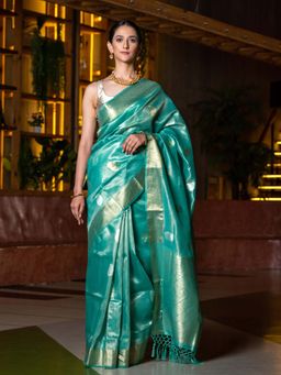 Beatitude - Sea Green Gold-Toned Ethnic Motifs Organza Saree with Unstitched Blouse