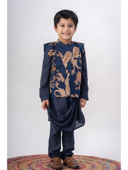 Peekaaboo Kids - Navy Blue Boys Nawaab Silk Kurta With Jacket And Churidar