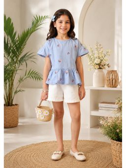 Miyo - Blue Girls Embroidered Floral Top