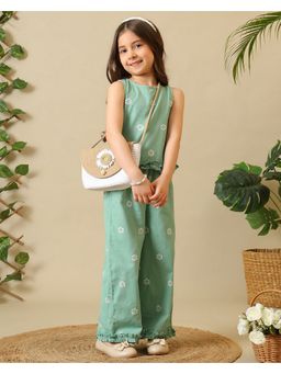 Miyo - Green Girls Embroidered Sleeveless Co-Ord Set