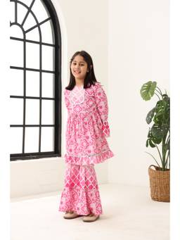 Spunkies - Girls Pink Printed Bell Sleeve Tunic And Sharara