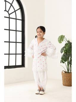 Spunkies - White Girls Embroidered Bell Sleeve Kurta With Dhoti