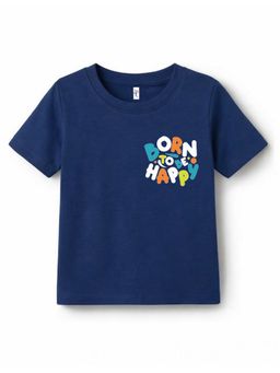 KAVEE - Navy Blue Pure Cotton Born To Be Happy Text Printed T-Shirt