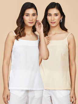 Fabindia - Cotton Short Slips (White And Beige) (Pack of 2)