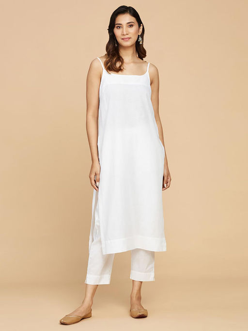 Buy Fabindia Cotton Long Slips (White And Beige) (Pack of 2) Online - Main Image