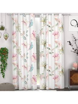 CHHAVI INDIA - Floral & Butterfly White, Pink & Blue Semi-Transparent Door Curtains - 7 Feet (Pack of 2)