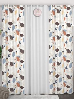 CHHAVI INDIA - Leaf Print Off-White, Blue & Orange Semi-Transparent Door Curtains - 7 Feet (Pack of 3)