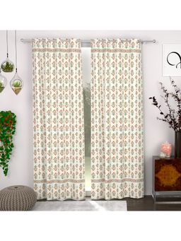 CHHAVI INDIA - Traditional Ethnic Off-White, Orange & Green Semi-Transparent Door Curtains - 7 Feet (Pack of 2)