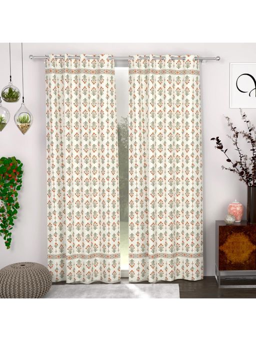 CHHAVI INDIA Traditional Ethnic Off-White, Orange & Green Semi-Transparent Door Curtains - 7 Feet (Pack of 2)