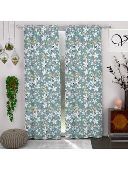 CHHAVI INDIA - Floral Teal, White & Yellow Semi-Transparent Door Curtains - 7 Feet (Pack of 2)