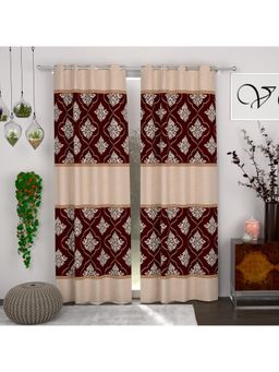 CHHAVI INDIA - Royal Damask Maroon & Beige Semi-Transparent Door Curtains - 7 Feet (Pack of 2)