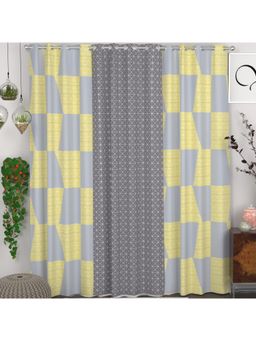 CHHAVI INDIA - Geometric Grey & Yellow Coordinated Semi-Transparent Door Curtains - 7 Feet (Pack of 3)