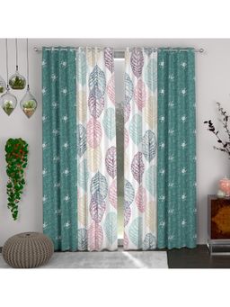 CHHAVI INDIA - Coordinated Leaf Print & Teal Green Semi-Transparent Door Curtains - 7 Feet (Pack of 4)
