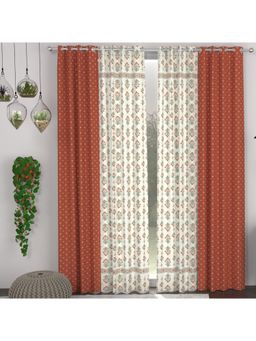 CHHAVI INDIA - Rust Orange & Off-White Ethnic & Ditsy Print Semi-Transparent Door Curtains - 7 Feet (Pack of 4)