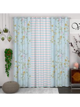 CHHAVI INDIA - Floral & Stripes Light Blue & Pink Semi-Transparent Door Curtains - 7 Feet (Pack of 3)