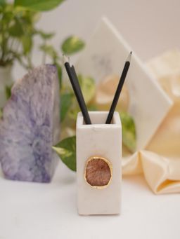 Homearte - White Marble with Brown Agate Pen Stand