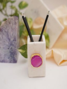 Homearte - White Marble with Pink Agate Pen Stand