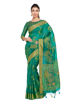 Mimosa - Silk Teal Saree With Blouse Piece