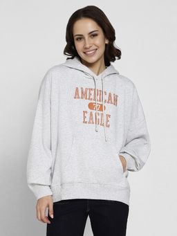 American Eagle - Grey Ae Fleece Typography High-Low Hoodie