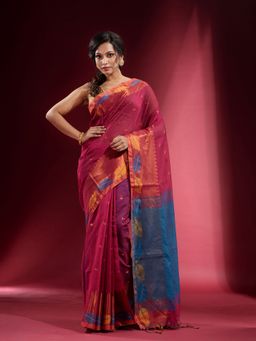 CHARUKRITI - Magenta with Foliage Motif and Zari Temple Border Saree with Unstitched Blouse