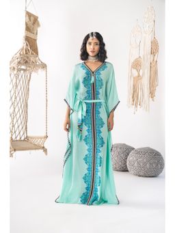 Chhavvi Aggarwal - Women Printed Blue Kaftan Dress with Belt (Set of 2)