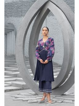 Chhavvi Aggarwal - Women Floral Navy Blue Anarkali Kurta with Palazzo (Set of 2)