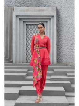 Chhavvi Aggarwal - Women Floral Red Tunic with Dhoti & Belt & Dupatta (Set of 3)
