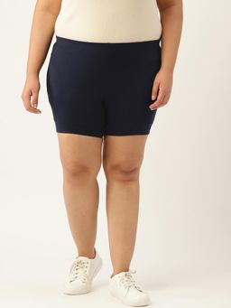 theRebelinme - Plus Size Womens Navy Blue Solid Cotton Yoga Shorts