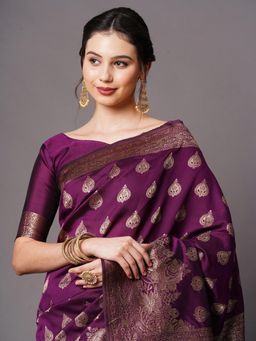 Akhilam - Wine Festive Silk Blend Woven Design Saree with Unstitched Blouse with Unstitched