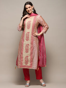 Biba - Pink Chanderi Paisley Printed Unstitched Suit (Set of 3)