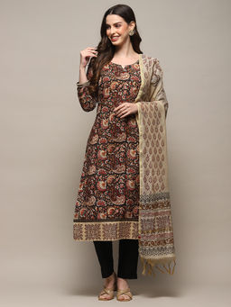 Biba - Beige/Black Cotton Floral Printed Unstitched Suit (Set of 3)