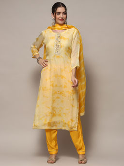 Biba - Yellow Organza Tye & Dye Unstitched Suit (Set of 3)