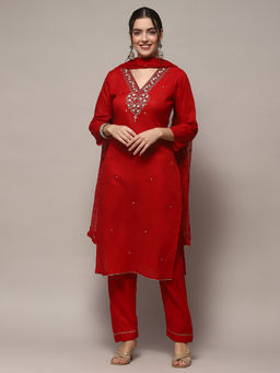 Biba - Red Cotton Solid Unstitched Suit (Set of 3)