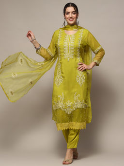 Biba - Lime Green Organza Printed Unstitched Suit (Set of 3)