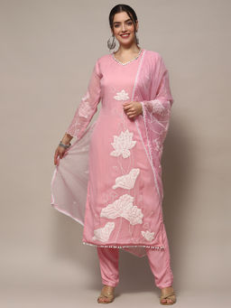 Biba - Pink Organza Floral Printed Unstitched Suit (Set of 3)