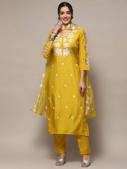 Biba - Mustard Muslin Floral Printed Unstitched Suit (Set of 3)