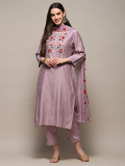 Biba - Lavender Viscose Silk Floral Printed Unstitched Suit (Set of 3)