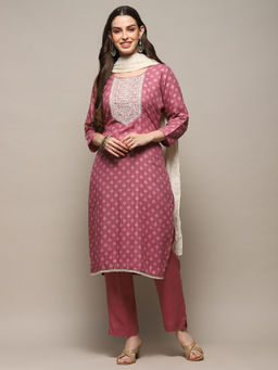 Biba - Light Wine Cotton Printed Unstitched Suit (Set of 3)