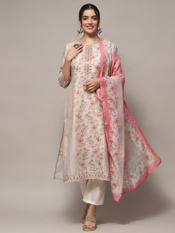 Biba - Off White Chanderi Blend Floral Printed Unstitched Suit (Set of 3)