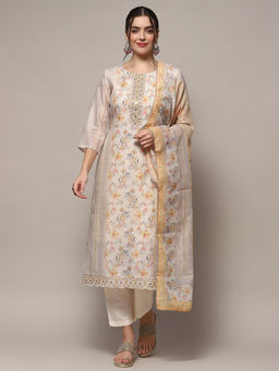 Biba - Yellow/White Chanderi Blend Floral Printed Unstitched Suit (Set of 3)