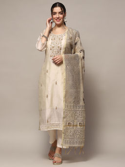 Biba - Off White Chanderi Blend Floral Printed Unstitched Suit (Set of 3)