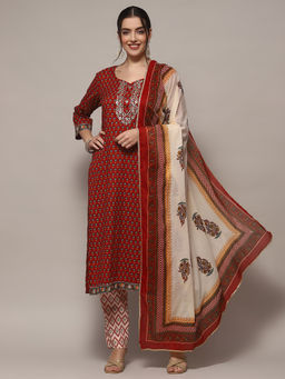 Biba - Red Cotton Floral Printed Unstitched Suit (Set of 3)
