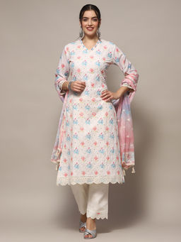 Biba - White Cotton Floral Printed Unstitched Suit (Set of 3)