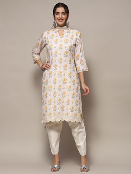 Biba - White Cotton Floral Printed Unstitched Suit (Set of 3)