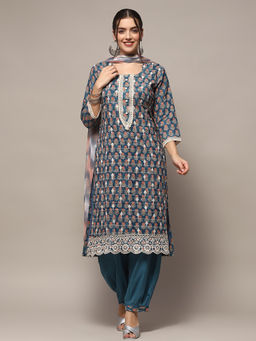 Biba - Teal Cotton Printed Unstitched Suit (Set of 3)